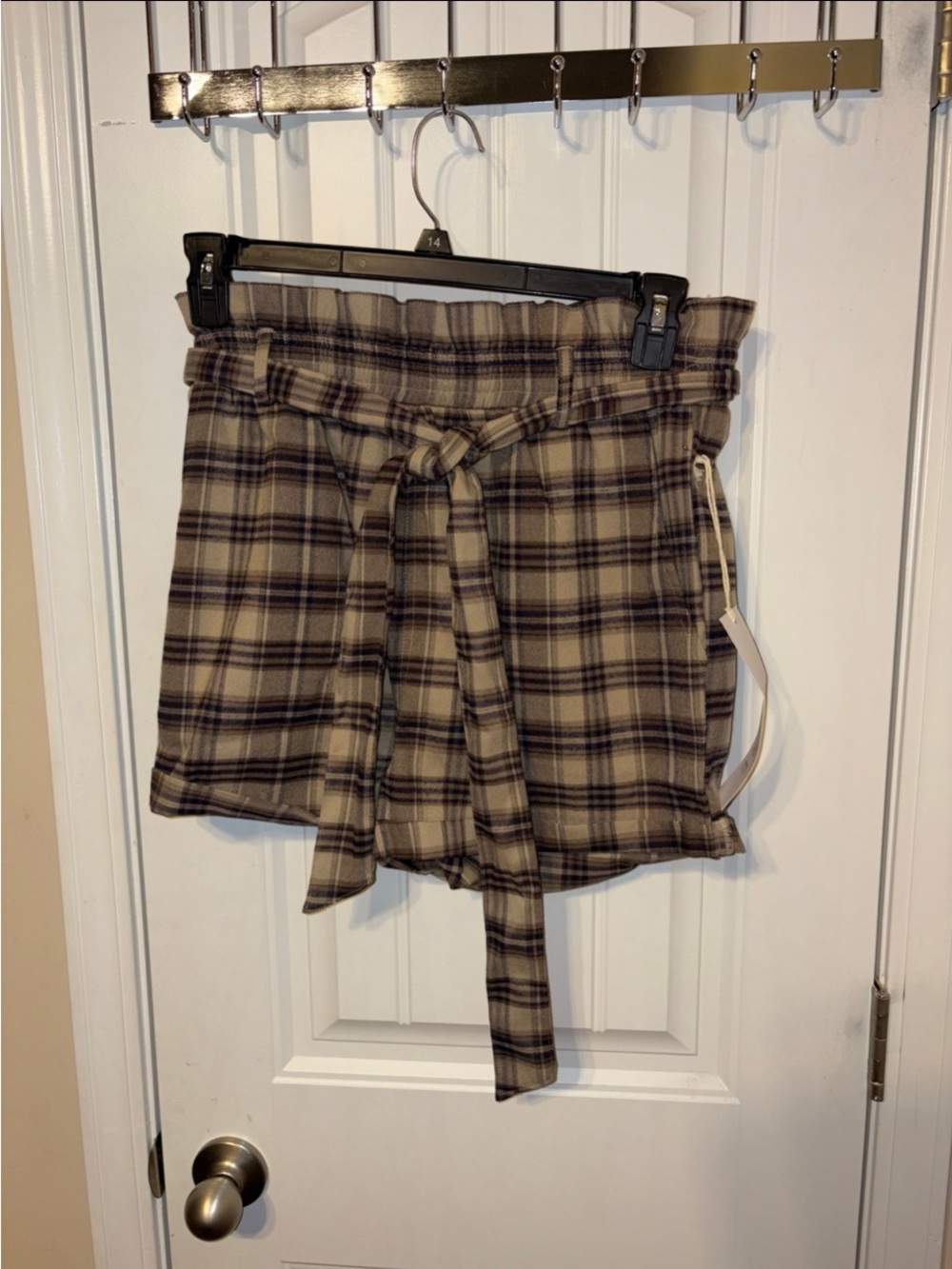 NWT Plaid Paperbag Waist Tie Mini Skirt in Brown L